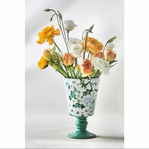 Anthropologie Lyla Pedestal Vase 7.5” Botanical Print Green Floral Stoneware